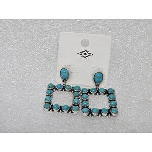 Faux Turquoise Square Drop Earrings Silver Tone Bohemian Style